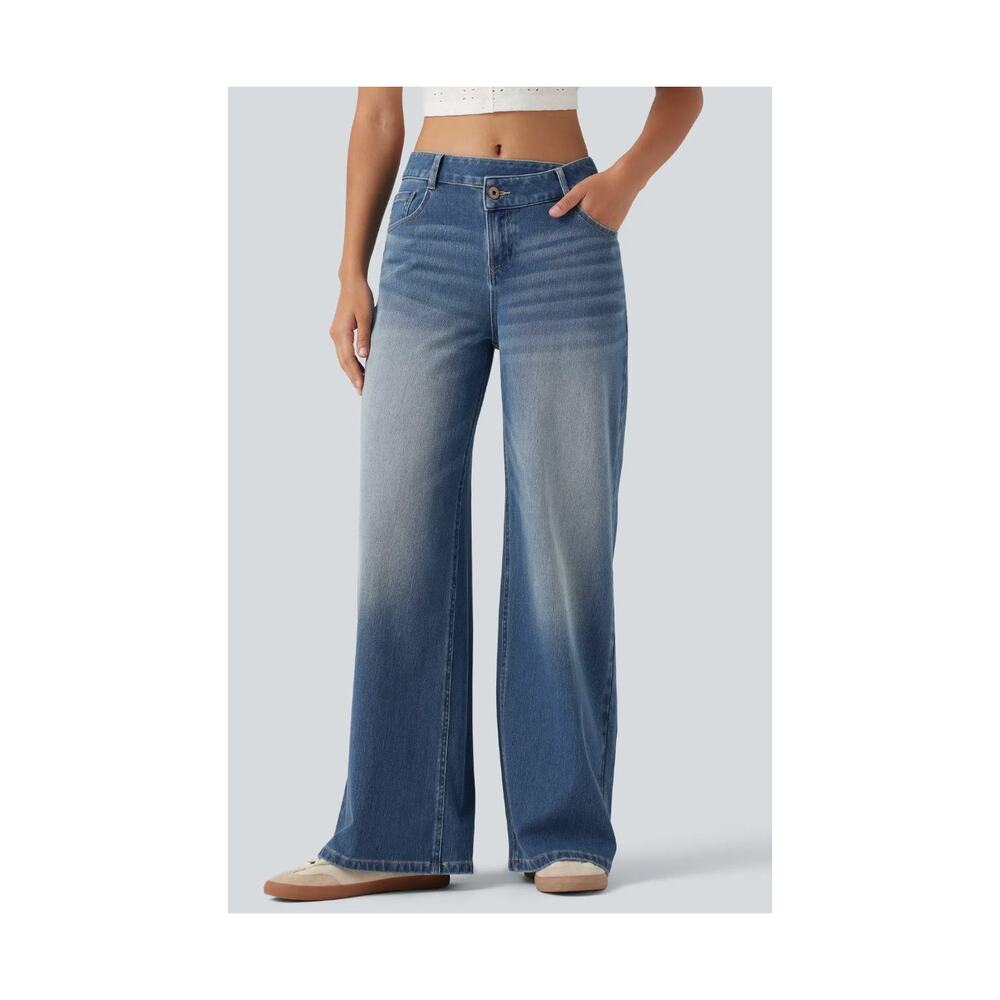 Halara Flex Jeans Womens M Extra Tall Blue Asymmetric Crossover Wide Leg Stretch